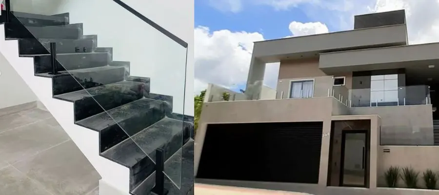 Guarda-corpos de vidro em escada e fachada residencial
